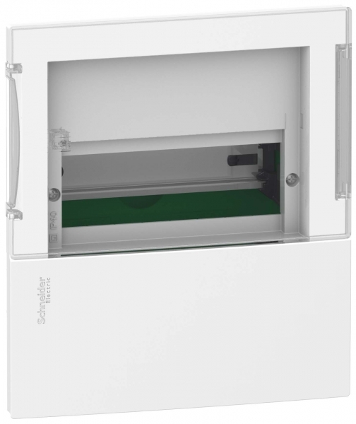 Schneider Electric RESI9 MP (Mini Pragma) Бокс встраеваемый с прозрачной дверью 1 ряд/8 модулей, IP40, IK07, 63А, 2 клеммы, Италия