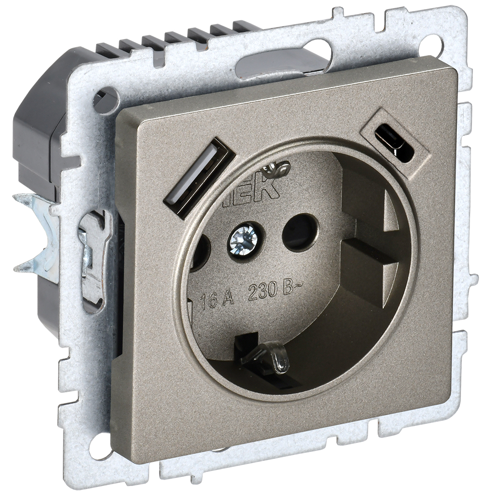 IEK BRITE BASE Шампань Розетка с з/к/ш 16А с USB A+C 18Вт РЮш11-1-БрШ