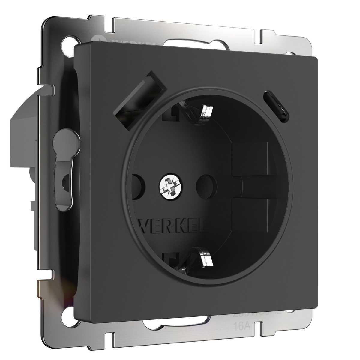 Розетка с заземлением, шторками и USB тип A+C Werkel черный W1171708 4690389176449