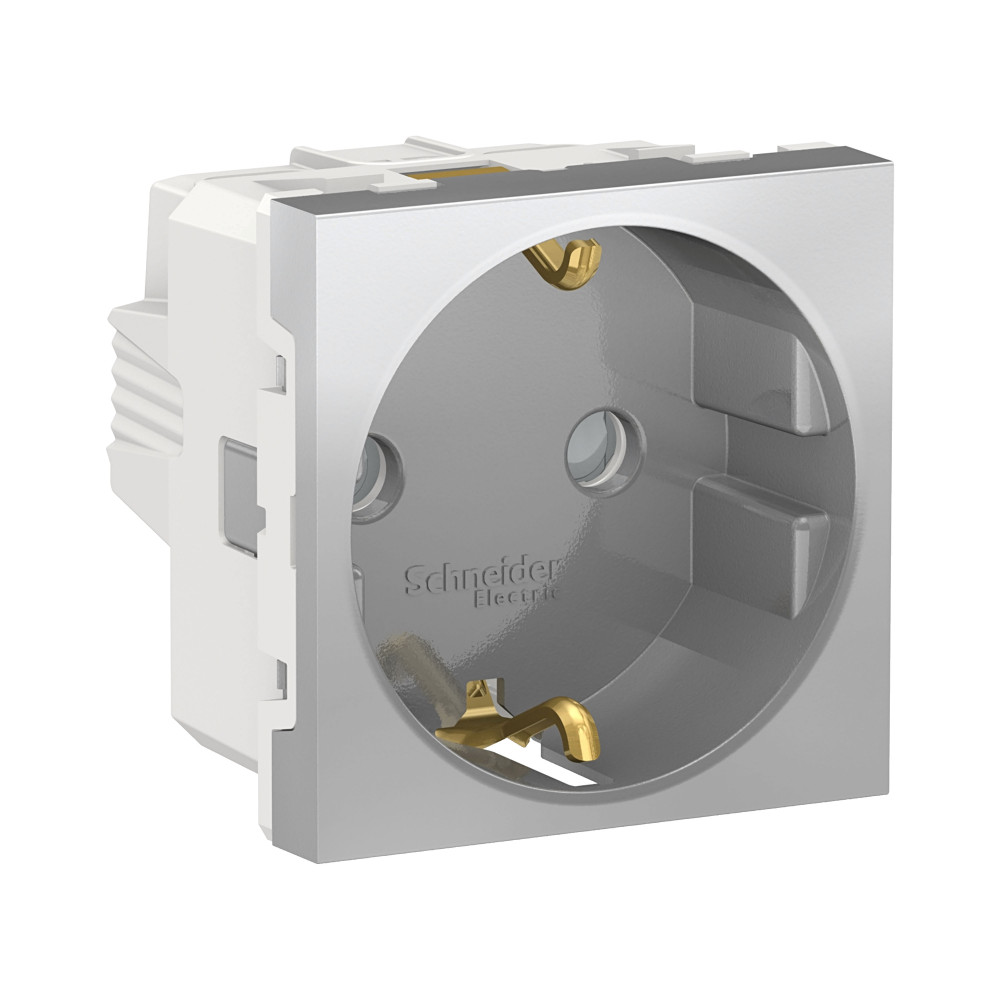 Schneider Electric Unica Modular Алюминий Розетка с/з со шторками, винт. зажим, 16А, 250В, 2 модуля
