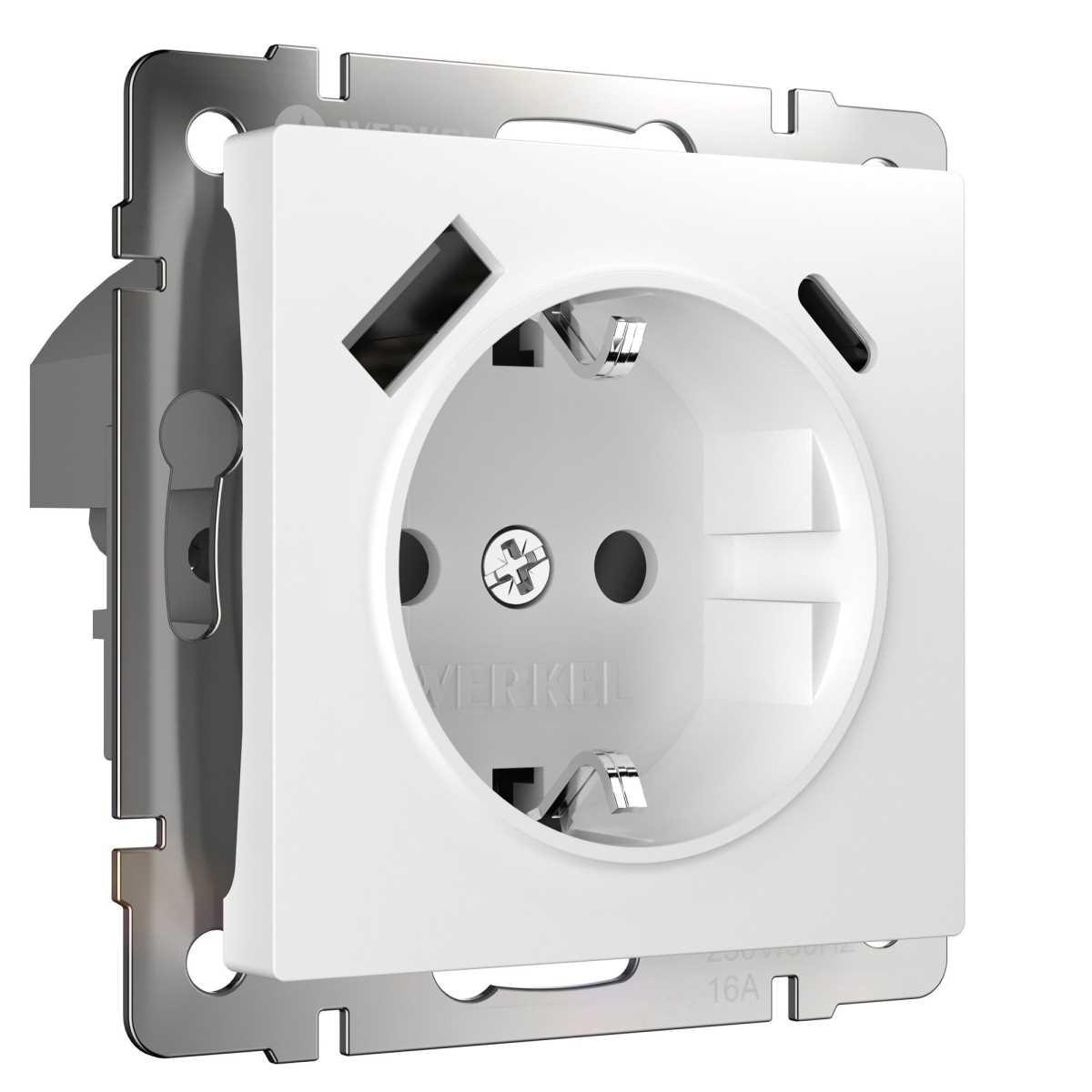 Розетка с заземлением, шторками и USB тип A+C Werkel белый W1171701 4690389176418