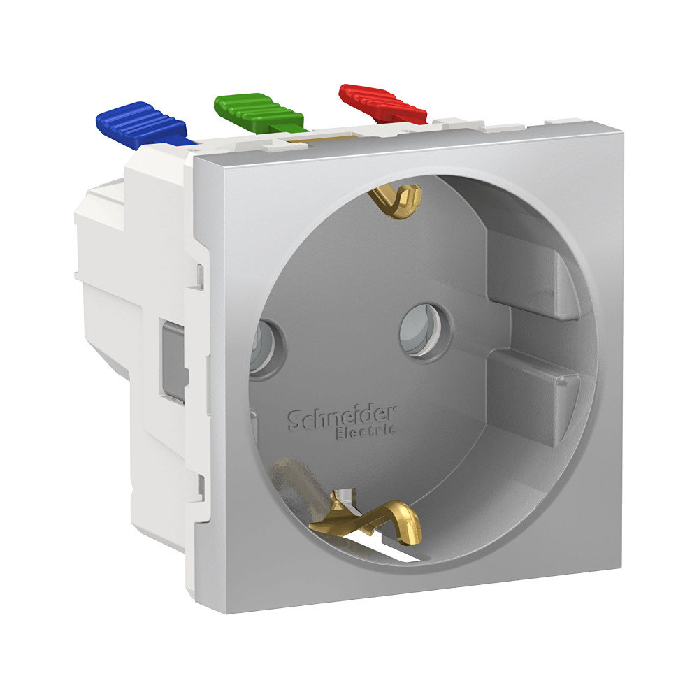 Schneider Electric Unica Modular Алюминий Розетка с/з со шторками, с быстрозажимными клеммами, 16А 250В, 2 модуля