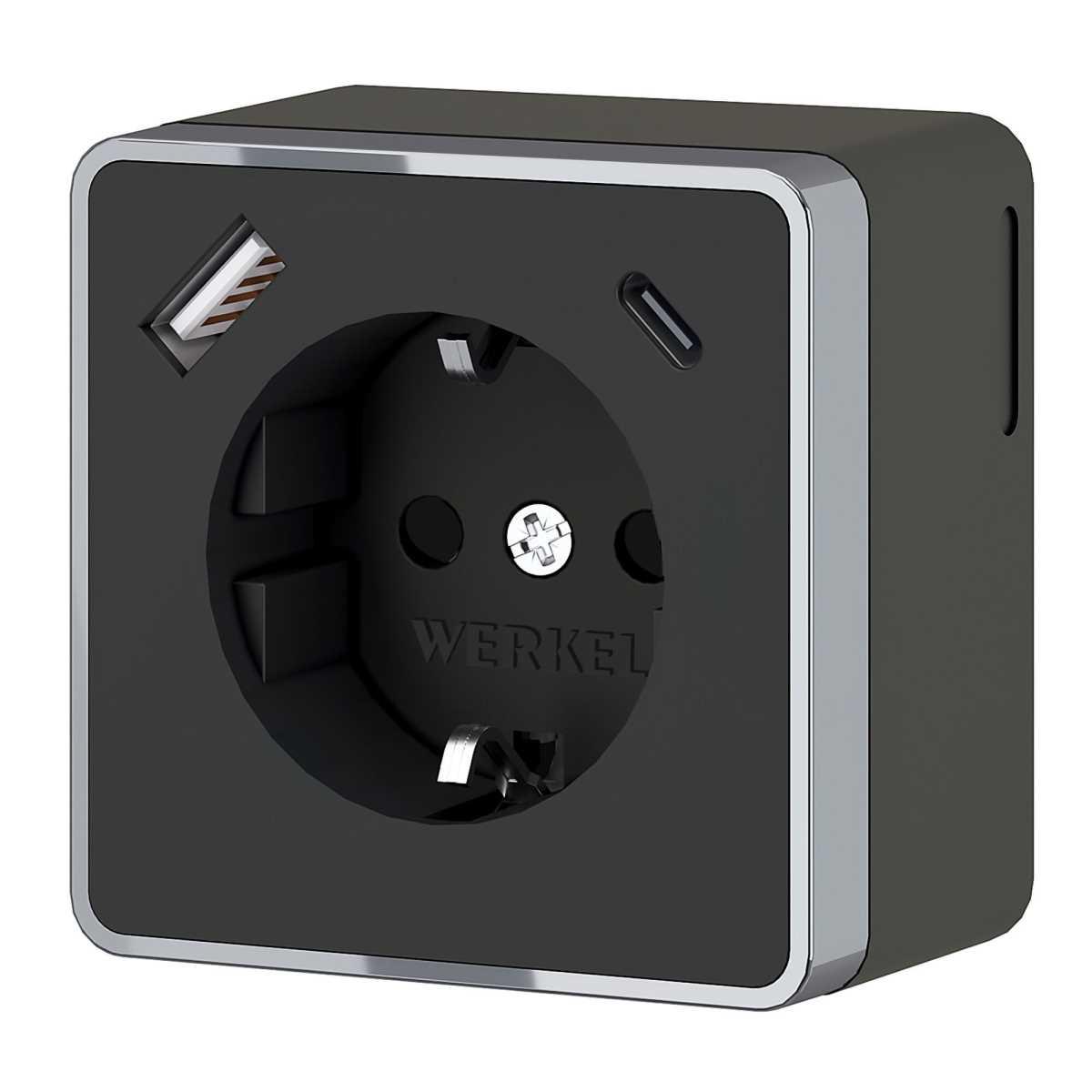 Розетка с заземлением, шторками и USB тип A+C Werkel Gallant чёрный хром W5071735 4690389179655