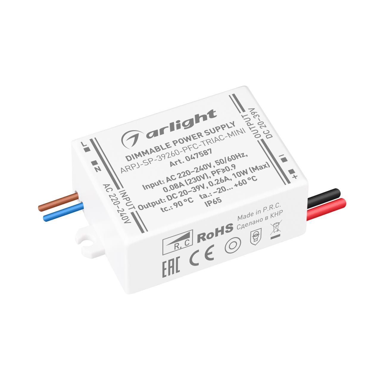 Блок питания Arligh ARPJ-SP-39260-PFC-TRIAC-MINI (10W, 20-39V, 260mA) 047587