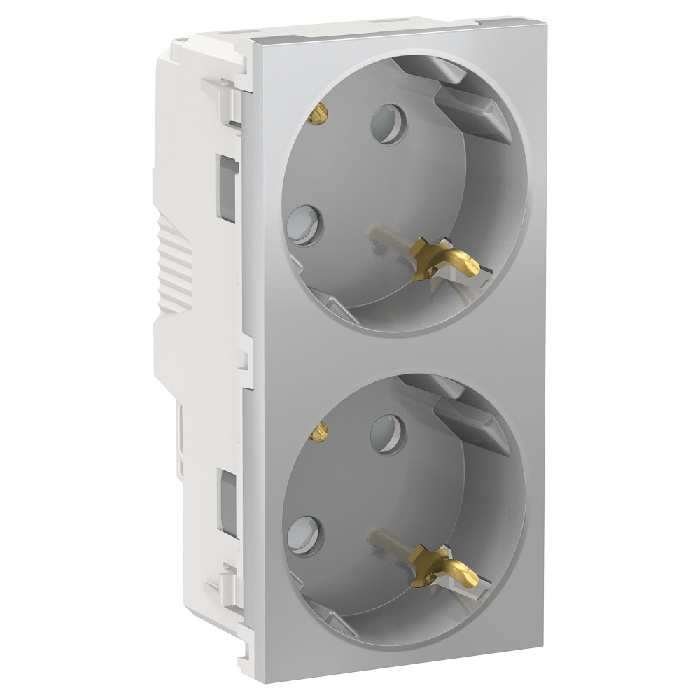 Schneider Electric Unica New Алюминий Розетка с/з двойная, со шторками, винт. зажим.