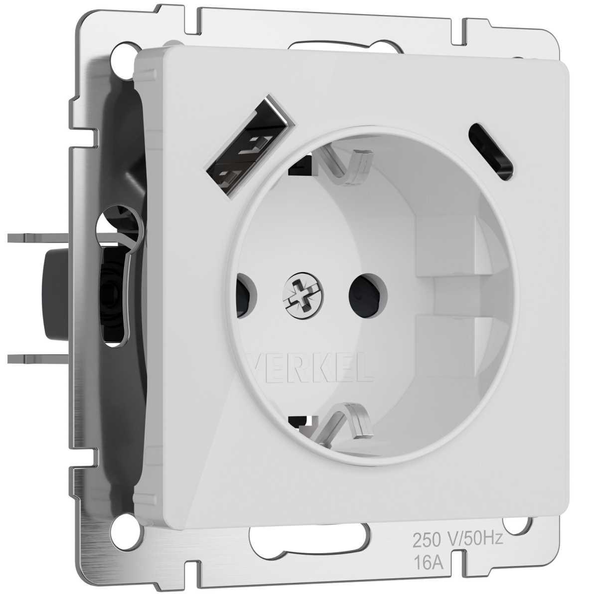 Розетка Werkel с заземлением, шторками и USB тип A+C белый акрил W1171741 4690389197345