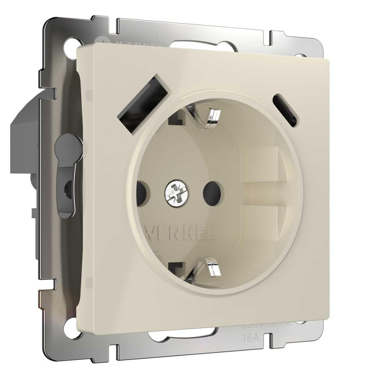 Розетка с заземлением, шторками и USB тип A+C Werkel слоновая кость W1171703 4690389176425