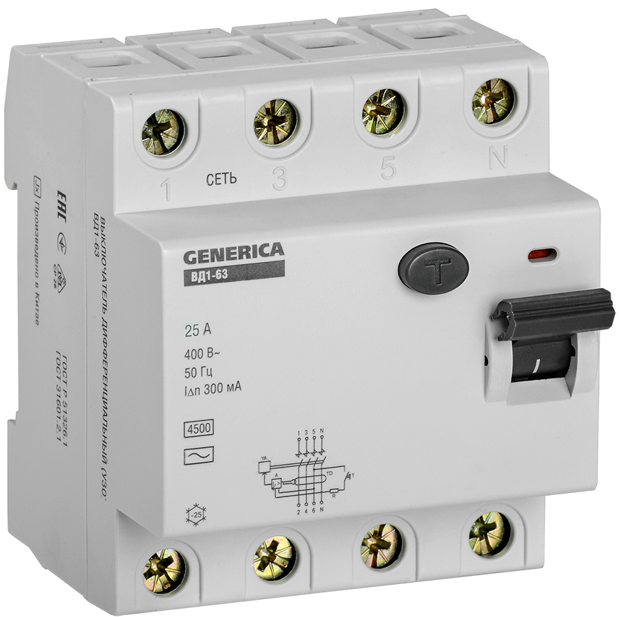 IEK GENERICA УЗО ВД1-63 4Р 25А 300мА