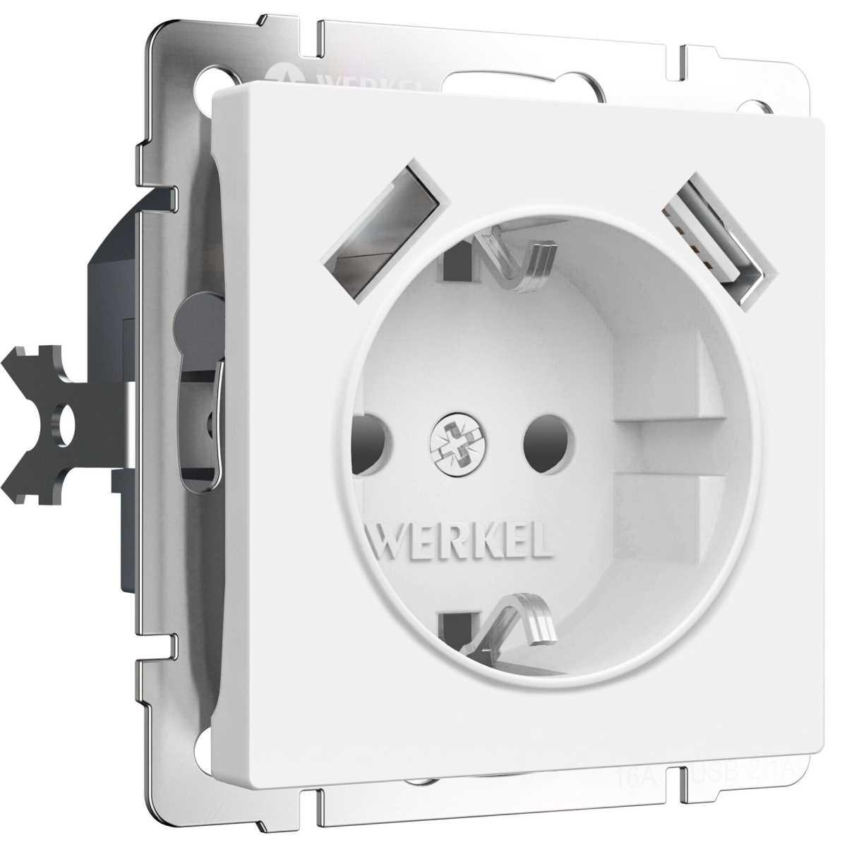 Розетка Werkel с заземлением, шторками и USBх2 белый матовый W1171561 4690389191992