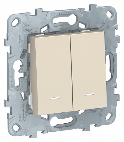 Schneider Electric Unica New Беж Выключатель 2-клавишный, 2 модуля, с подсветкой, 2 х сх.1а