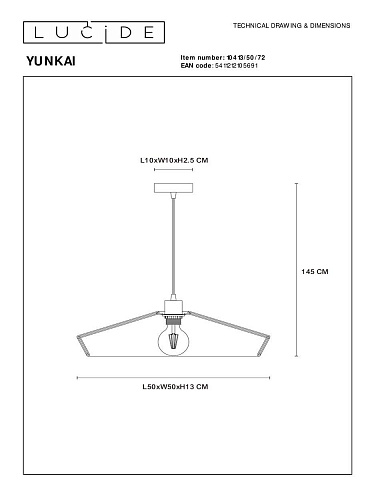 Подвесной светильник Lucide Yunkai 10413/50/72