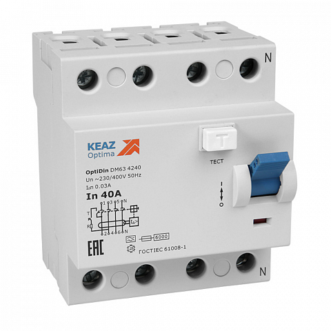 КЭАЗ ВДТ без защиты от сверхтоков OptiDin DМ63-4425-AС-УХЛ4 (4P, 25, 300mA)