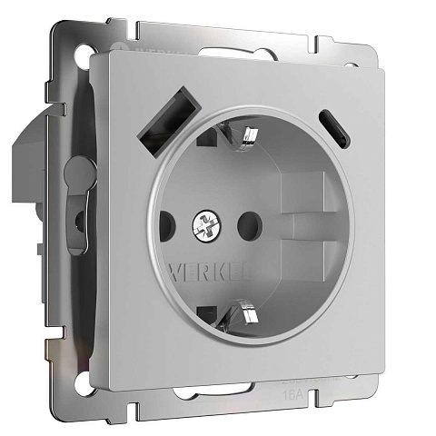 Розетка с заземлением, шторками и USB тип A+C Werkel серебряный W1171706 4690389206870