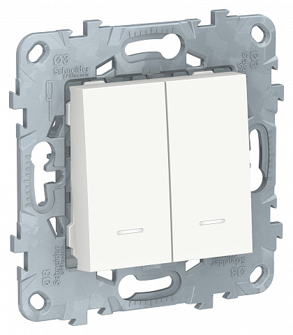Schneider Electric Unica New Бел Выключатель 2-клавишный, 2 модуля, с подсветкой, 2 х сх. 1а