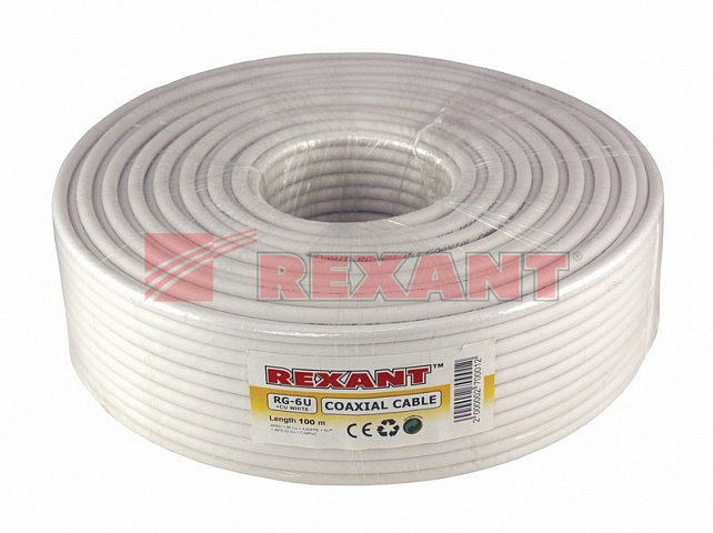 Кабель коаксиальный RG-6U+CU, (64%), 75 Ом, (бух100) белый Rexant
