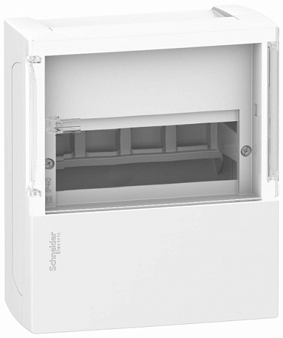 Schneider Electric RESI9 MP (Mini Pragma) Бокс навесной с прозрачной дверью 1 ряд/ 8 модулей, IP40, IK07, 63А, 2 клеммы, Италия