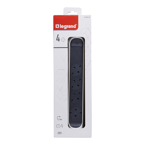 Legrand Revolution Комфорт Бело-черный Удлинитель 4x2К+З с выкл., кабель 1,5м, плоские розетки, с ИПМ и защитой от перегрузки, фиксируемый поворотный