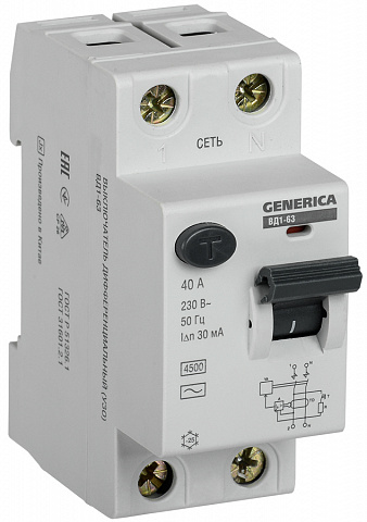 IEK GENERICA УЗО ВД1-63 2Р 40А 30мА