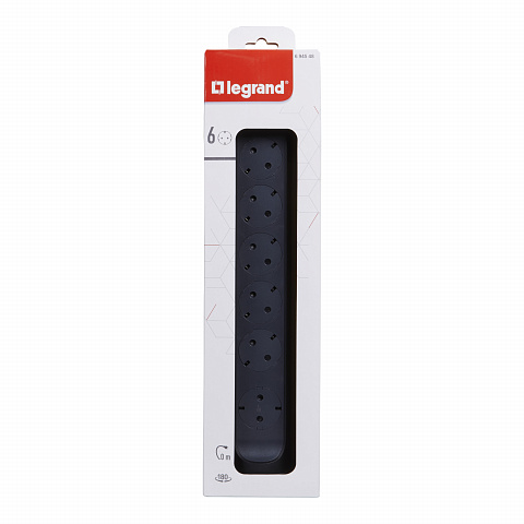 Legrand Revolution Комфорт Черный Удлинитель 6x2К+З с выкл., без кабеля, плоские розетки, фиксируемый поворотный блок