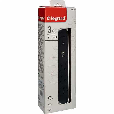 Legrand Revolution Комфорт Бело-черный Удлинитель 3x2К+З с 2xUSB A+C (3А), кабель 1,5м, плоские розетки, УЗИП с индикацией, фиксируемый поворотный бло