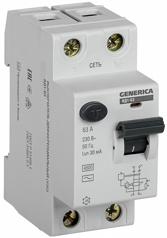 IEK GENERICA УЗО ВД1-63 2Р 63А 30мА