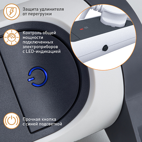 Legrand Revolution Комфорт Бело-черный Удлинитель 4x2К+З с выкл., кабель 1,5м, плоские розетки, с ИПМ и защитой от перегрузки, фиксируемый поворотный