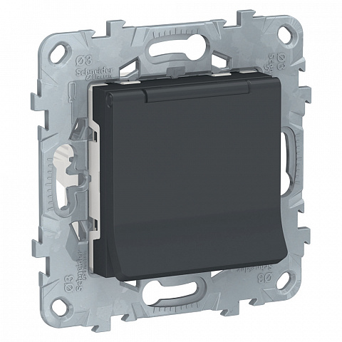 Schneider Electric Unica New Антрацит Розетка с/з со шторками, с крышкой, 16А, 250В, IP40