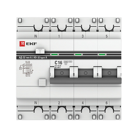 EKF PROxima АД-32 Диф. Автомат (C)  3P+N 16А/10мА тип А 4,5кА