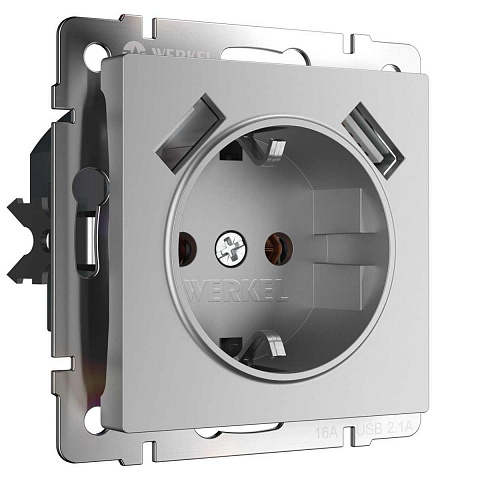 Розетка с заземлением, шторками и USBх2 Werkel серебряный W1171506 4690389164774