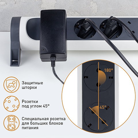 Legrand Revolution Комфорт Бело-черный Удлинитель 4x2К+З с выкл., кабель 1,5м, плоские розетки, с ИПМ и защитой от перегрузки, фиксируемый поворотный