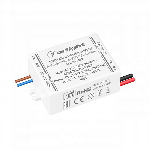 Блок питания Arligh ARPJ-SP-39260-PFC-TRIAC-MINI (10W, 20-39V, 260mA) 047587