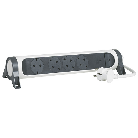 Legrand Revolution Комфорт Бело-черный Удлинитель 4x2К+З с выкл., кабель 1,5м, плоские розетки, с ИПМ и защитой от перегрузки, фиксируемый поворотный