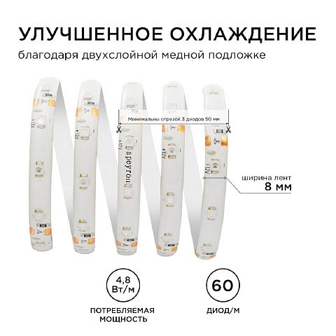 Светодиодная влагозащищенная лента Apeyron 4,8W/m 60LED/m 3528SMD зеленый 5M 00-07