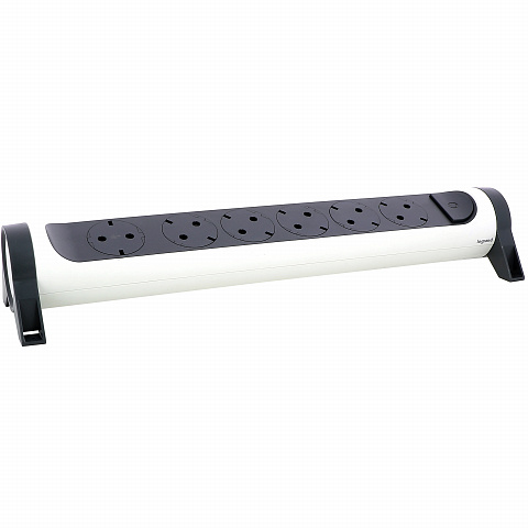Legrand Revolution Комфорт Бело-черный Удлинитель 6x2К+З с выкл., без кабеля, плоские розетки, фиксируемый поворотный блок