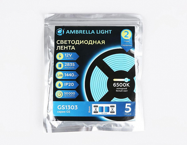 Светодиодная лента Ambrella Light 14,4W/m 180LED/m 2835SMD холодный белый 5M GS1303