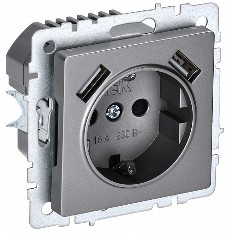 IEK BRITE BASE Сталь Розетка с з/к/ш 16А с USB A+A 2,1А РЮш10-1-БрС