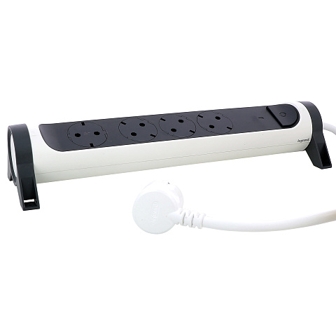 Legrand Revolution Комфорт Бело-черный Удлинитель 4x2К+З с выкл., кабель 1,5м, плоские розетки, с ИПМ и защитой от перегрузки, фиксируемый поворотный
