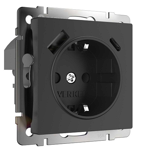 Розетка с заземлением, шторками и USB тип A+C Werkel черный W1171708 4690389176449
