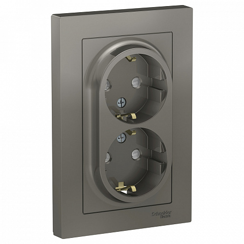 Systeme Electric AtlasDesign Сталь Розетка с/з двойная, со шторками, 16А, в сборе