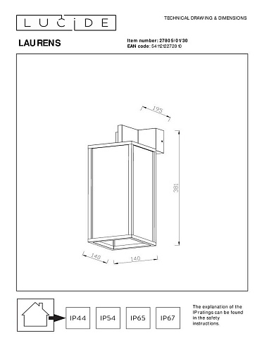 Уличный настенный светильник Lucide Laurens 27805/01/30