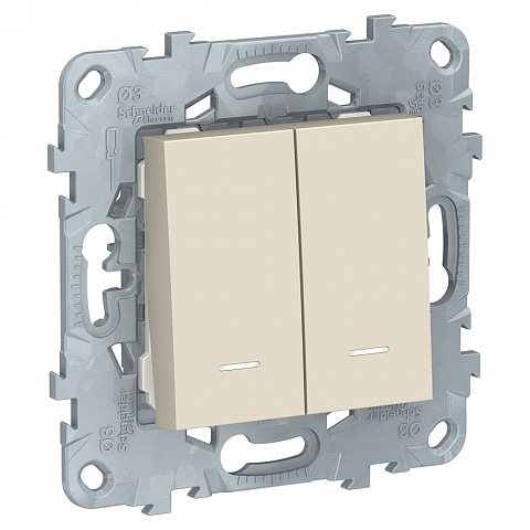 Schneider Electric Unica New Беж Выключатель 2-клавишный, 2 модуля, с подсветкой, 2 х сх.1а