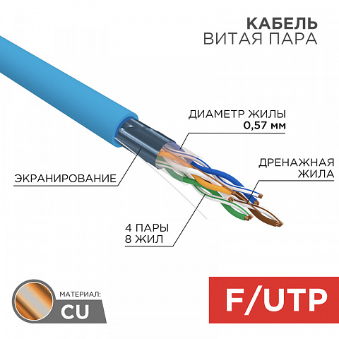 Кабель FTP 4PR 23AWG CAT6 305м Rexant