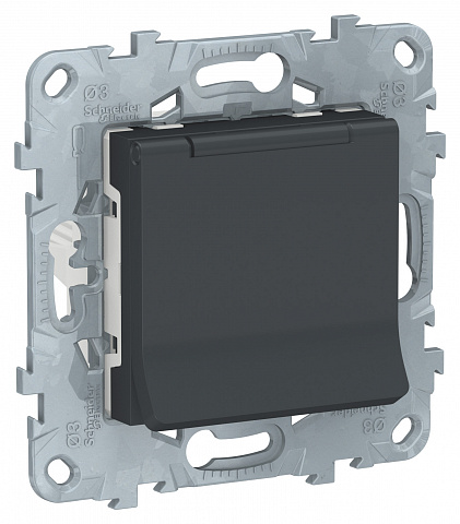 Schneider Electric Unica New Антрацит Розетка с/з со шторками, с крышкой, 16А, 250В, IP40