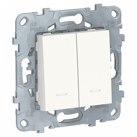 Schneider Electric Unica New Бел Выключатель 2-клавишный, 2 модуля, с подсветкой, 2 х сх. 1а