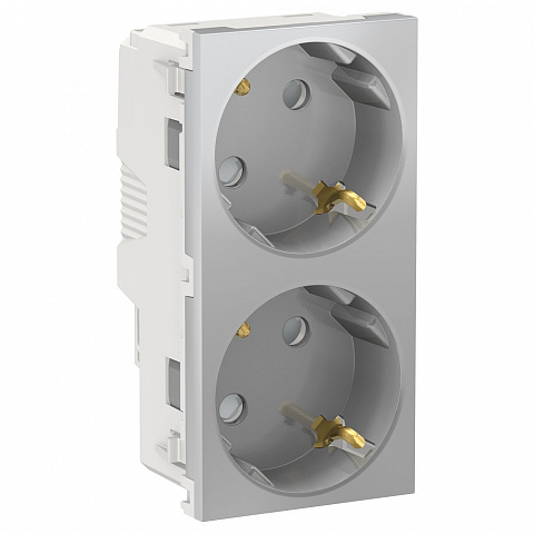Schneider Electric Unica New Алюминий Розетка с/з двойная, со шторками, винт. зажим.