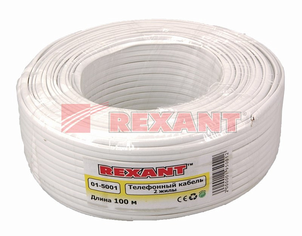 Кабель телефонный 2 жилы, 100 м., белый, (ШТЛП-2) Rexant