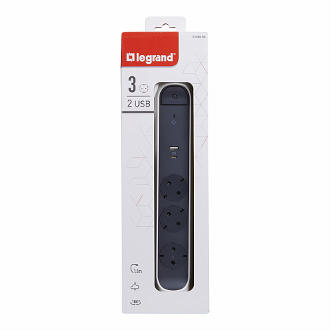 Legrand Revolution Комфорт Бело-черный Удлинитель 3x2К+З с 2xUSB A+C (3А), кабель 1,5м, плоские розетки, УЗИП с индикацией, фиксируемый поворотный бло