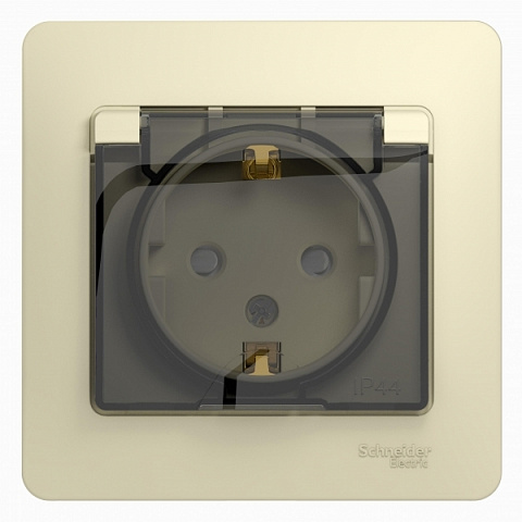 Systeme Electric Glossa Беж Розетка с/з со шторками с крышкой, IP44 (в сборе с рамкой)
