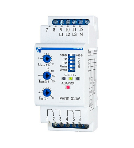 Новатек-Электро Трехфазное реле напряжения РНПП-311М-24V, 380 В, с питанием 24В -настройка порогов напряжения регулировка времени АПВ и срабатывания, 