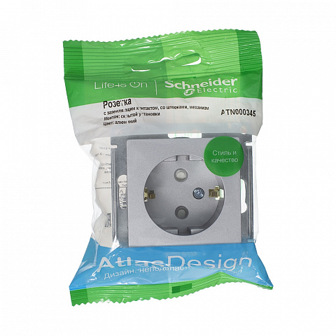 Systeme Electric AtlasDesign Алюминий Розетка с/з со шторками, 16А, механизм